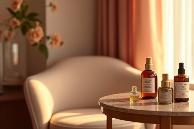 Intimate hotel studio with soft pink and grey neomorphic design elements