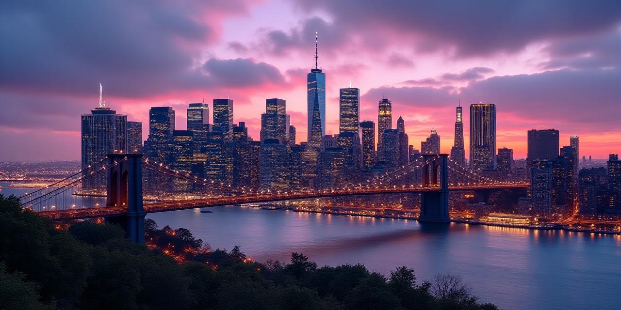 Panoramic view of the New York skyline at twilight
